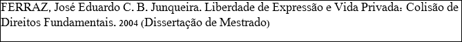 FERRAZ, José Eduardo C. B. Junqueira. Liberdade de Expressão e Vida Privada: Colisão de Direitos Fundamentais. 2004 (Dissertação de Mestrado)
